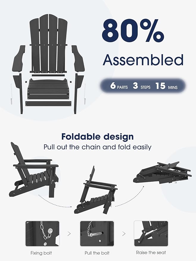 KINGYES Folding Adirondack Chair Set of 8, HDPE All-Weather Folding Adirondack Chair, Grey