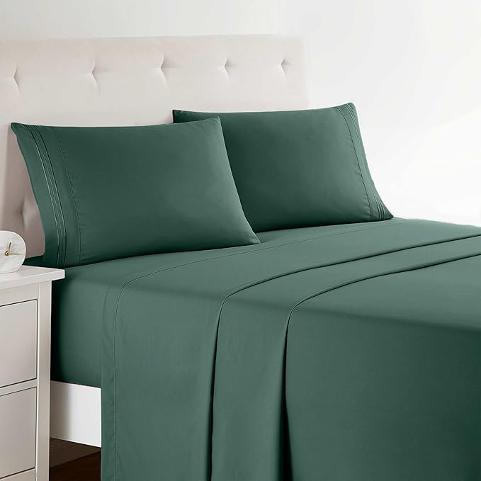 Clara Clark Bed Sheets, Premier 1800 Series Bed Sheet Set, Deep Pocket, Wrinkle, Fade, Stain Resistant, Luxury Soft Bedding Sheets & Pillowcases, Queen, Forest Green