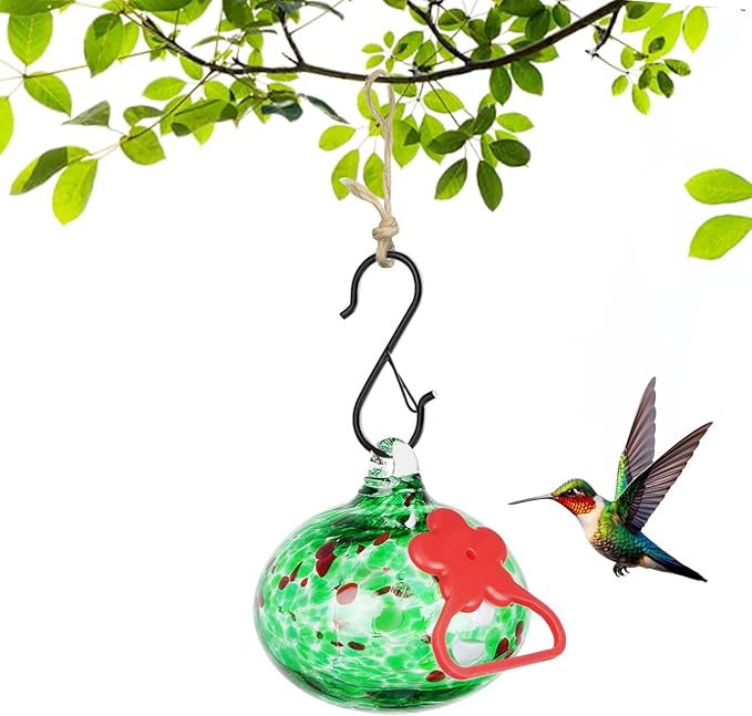 Small Hummingbird Feeders for Outdoors Hanging,Hand-Blown Glass Hummingbird Feeder with Silicone Feeding Perch,Never Leak,Gardening Gifts for Woman Man(Green)