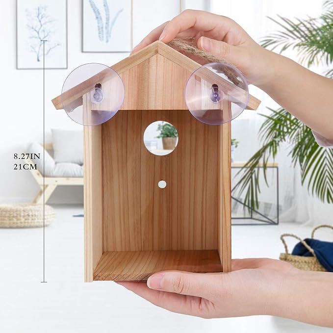 Window Bird House for Outside with Strong Suction Cup, Upgraded See Through Window Birdhouse for Viewing Inside, Wooden Bird Nesting Box for Bluebird Finch Chickadee Outdoors, Best Gift for Kids