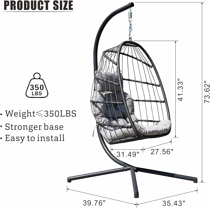HWB Hanging Egg Chair with Stand, Patio Wicker Egg Swing Chair with Cushion for Bedroom Garden Indoor Outdoor (Grey)