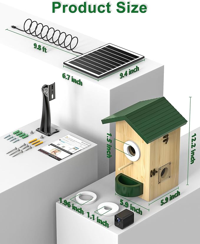 Smart Bird House with Camera Solar Powered, 2K HD Wi-Fi Bird Watching Camera for Birdhouse, Auto Detect & Notify, Night Vision, APP Control, Wooden Birdhouse with Camera Inside（Feeder）