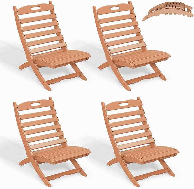 GREENVINES Folding-Xavier-Chairs Set of 4 | Wave | Portable Adirondack-Chair | HDPE Plastic | All Weather Fire-Pit Chair | Teak | for Beach Outdoor Deck Poolside Garden Patio Porch Fishing