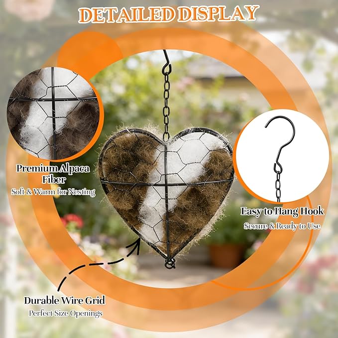 Handmade Alpaca Fiber Bird Nesting Heart, Birds Nests Material Holder, Winter Tree Shelter for Wild Bird, Hummingbird Houses Nest Boxes Gifts for Outside Garden Art Birdhouse, Birds Lovers