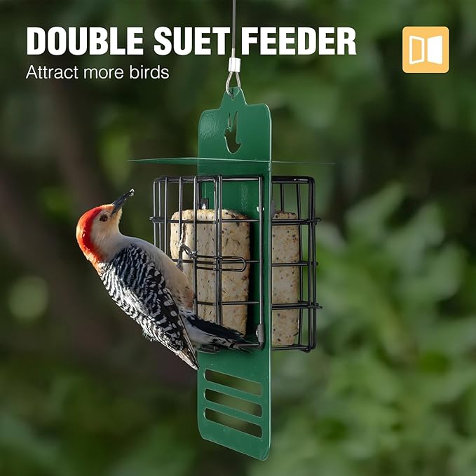 Veehoo Suet Bird Feeders for Outside Hanging, Woodpecker Feeder Double Suet Double Suet Feeder with Tail Prop & Weatherproof Roof, Wild Bird Feeder Suet Holder Suet Cakes Cage for Outside, Green