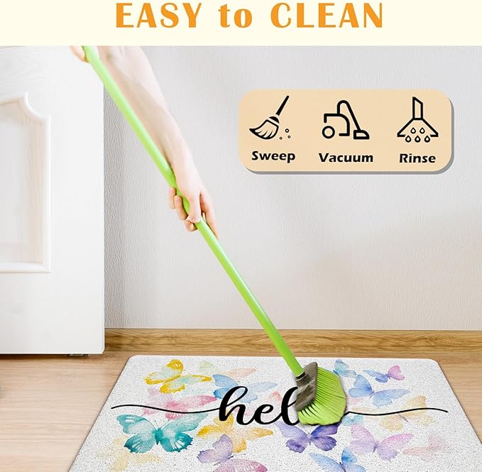 JINYO Butterfly Door Mat, Hello Door Mat Indoor Outdoor Entrance Entryway Porch, Butterfly Room Decor for Girls, Bath Mats for Bathroom, Beachy Welcome Mats, 17x30 Inch