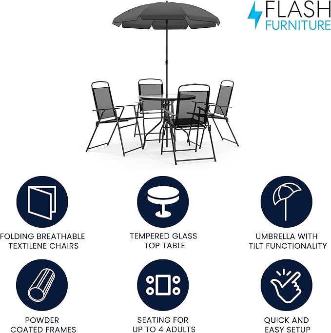 Flash Furniture Nantucket 6-Piece Patio Dining Set with Glass Table, 4 Folding Chairs, and Umbrella, Outdoor Patio Set, Black