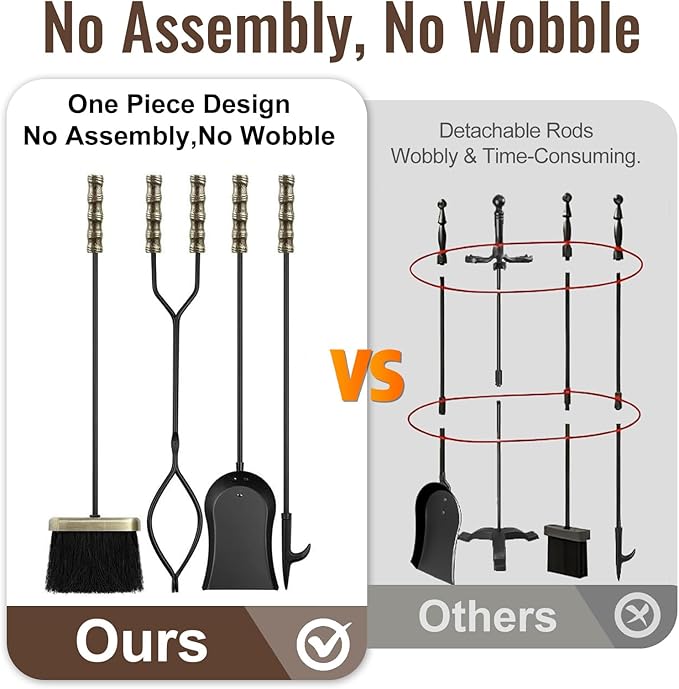AMAGABELI GARDEN & HOME Fireplace Tools Set 5 Pcs Wrought Iron Indoor with Stand for Fire Place Kit Holder Wood Stove Hearth Accessories Chimney Fire Pit Tongs Shovel Brush Poker Fireset Outdoor Brass