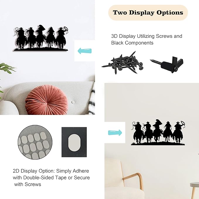 LIYAOLI 3D Vintage Western Wall Decor,Black Metal Cowboy Wall Art Hanging Riding Rustic Cowboys Party Decorations Farmhouse Home Decor,Metal Wall Sculptures for Living Room,Bedroom