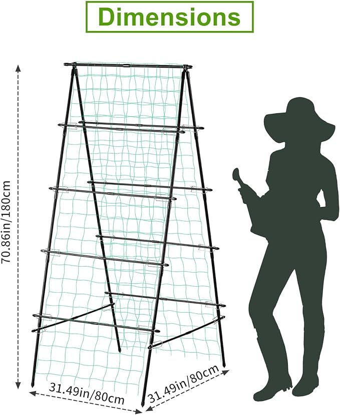 Garden Trellis for Climbing Plants, 71" H x 32" W Metal A-Frame Cucumber Trellis Outdoor Fruits Watermelon Vegetable Tomato Squash Peas Beans, with Netting, Black