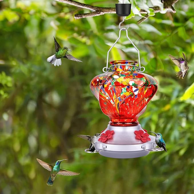 Hummingbird Feeder for Outdoors with Ant Moat, Hummingbird Feeder, Hand Blown Glass, 4 Bee Guard Feeding Ports with Perch, Outdoor Garden Décor, 16OZ, Red, Gifts for Mom Wife Dad Men Women