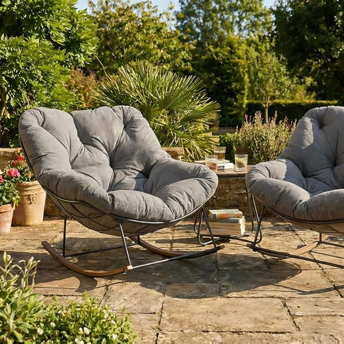 Outdoor Rocking Chair, 400 lbs Sturdy Frame with Thick Cushion,Patio Papasan Chair for Bedroom, Living Room, Porch, Garden(Grey)