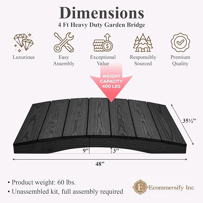 4 FT Black Amish Made Pinewood Heavy Duty Garden Bridge for Walkway, Backyard Pond & Landscaping, Outdoor Wooden Footbridge for Koi Pond, Japanese Style Decorative Bridge, Made in USA