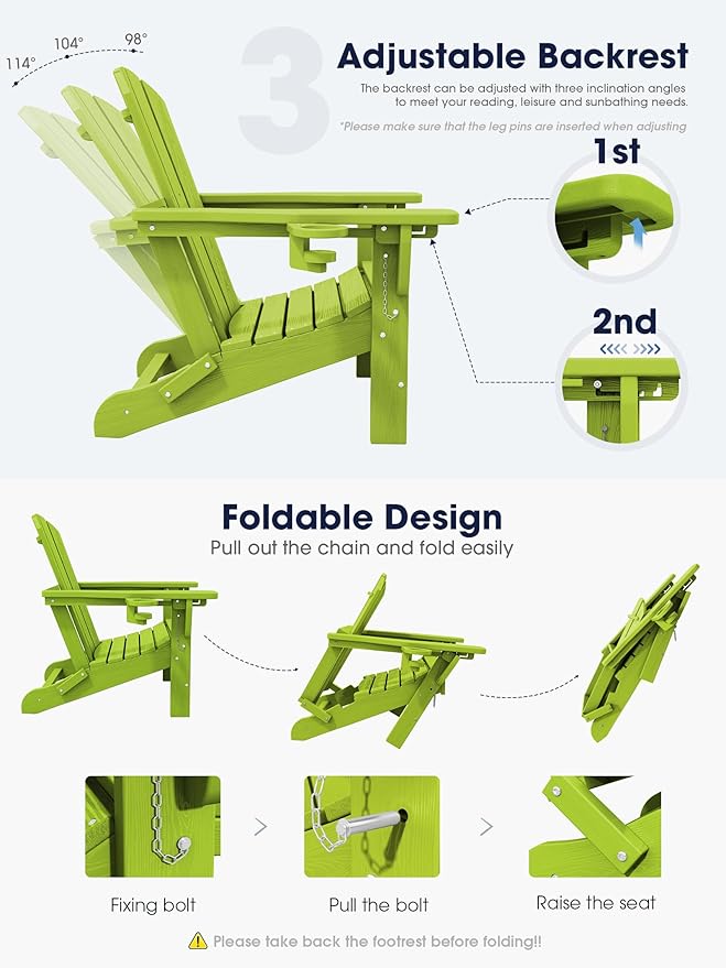 KINGYES Folding Adjustable Adirondack Chair with Ottoman Set of 4, HDPE Adirondack Recliner Chair with Footrest, Apple