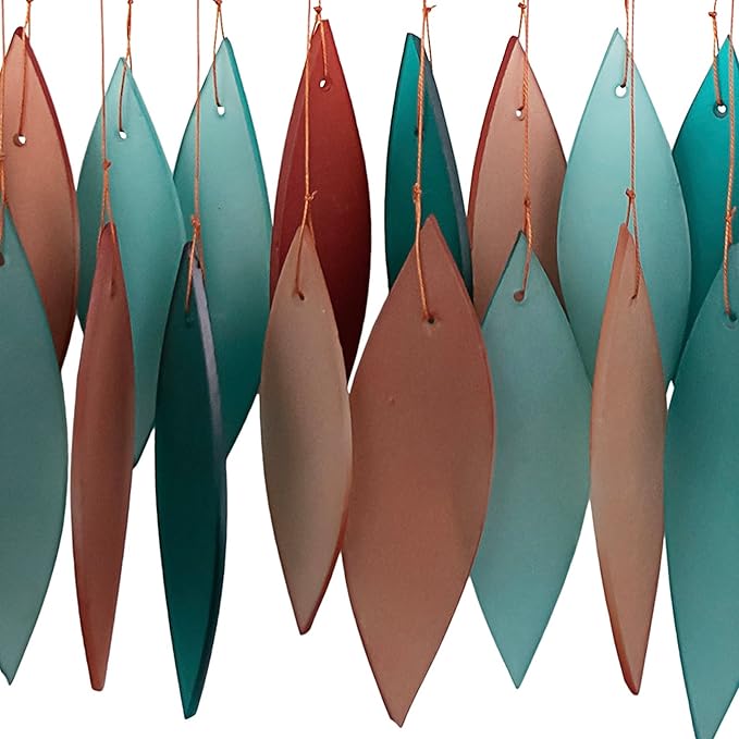 Blue Handworks Coral and Teal Glass & Driftwood Chime, Sandblasted Glass and Found Wood Handcrafted Wind Chime