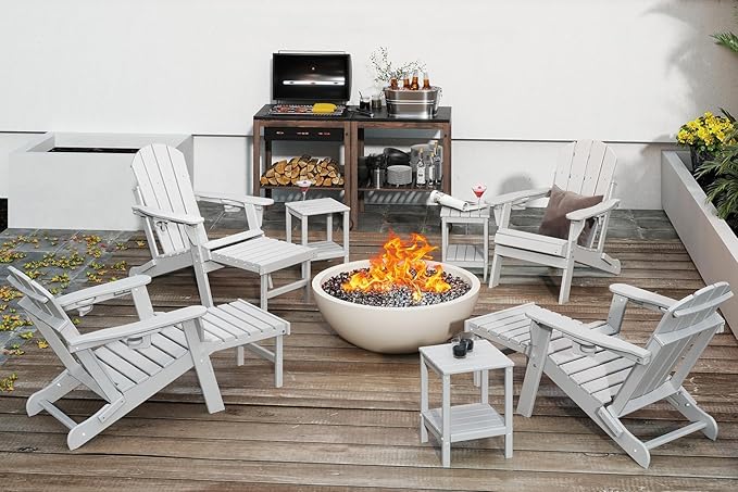 GREENVINES Adjustable Adirondack Chair with Retractable Ottoman Set of 2 | Folding | HDPE Plastic | Fire Pit Chairs w/Foot Rest | 2 Cup Holders | White | for Outdoor Patio Poolside Deck