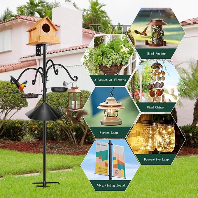 92 Inch Metal Bird Feeder Pole with Squirrel-Proof Baffle, 4 Hooks & 2 Feeding Trays - Heavy Duty 5-Prong Base Outdoor Birdhouse Stand, Garden Bird Feeding Station (Black, 92inch)