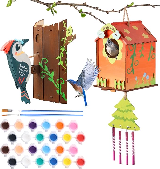 Paint Your Own BirdHouses, Wooden Painting Crafts Kits for Kids, Wooden Woodpecker Doorbell & DIY Bird House for Outside, Arts and Crafts for Kids Ages 8-12, Gifts for 8-12 Year Old Girls Boys