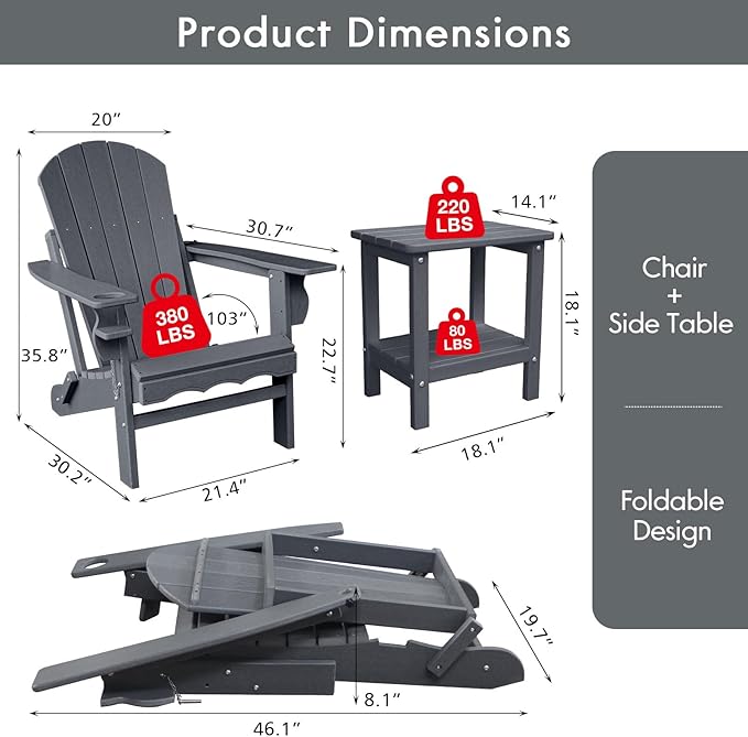Folding Adirondack Chairs, Oversized HDPE Adirondack Chairs with Side Table and Cup Holder, Outdoor Fire Pit Chairs for Patio Garden and Backyard, Deck, Grey