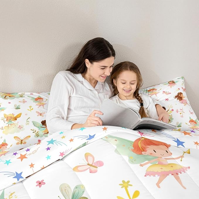 Erosebridal Fairy Full Comforter Set for Girls - Butterfly & Floral Bedding Set for Kids, Cute Pink Flower Fairies Garden Quilt | Girly Princess Bedroom Decor with 2 Pillowcases