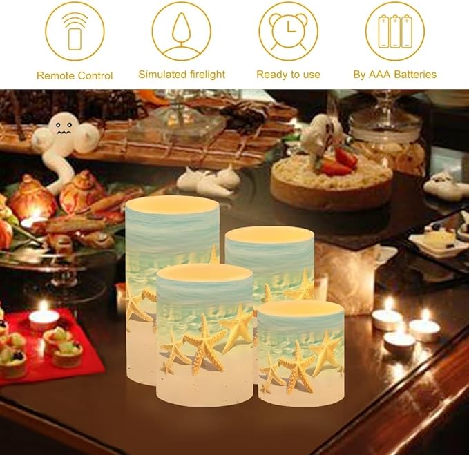 Battery Operated Tea Lights Candles with Timer, Flickering Flameless LED Pillar Color Changing Candles with Remote for Beach Coastal Decor Beach Starfish Blue, Set of 4