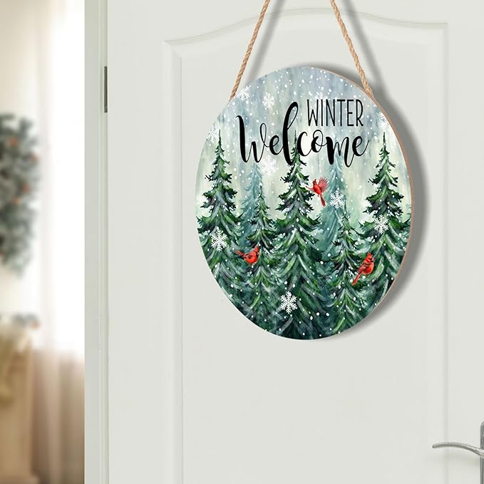 Winter Welcome Snowflake Door Sign For Front Door Decor,Winter Farmhouse Green Pine Tree Cardinal Bird Wooden Sign 12"x 12" Round Wood Hanging Door Sign Decoration for Winter Wall Rustic Porch Decor