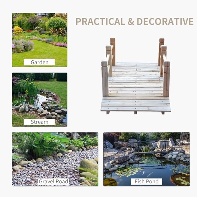 5 ft Garden Bridge Outdoor Wood Landscape Bridge Wooden Arch with Safety Rails Garden Bridge Arc Footbridge Bearing 400 lbs for Outdoor Garden Yard Backyard