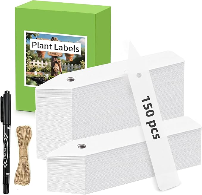 Plant Labels 150 PCS, Slim White Garden Plant Tags with Holes, PP Plastic Waterproof Labels with Permanent Marker, Jute Twine & Storage Box for Indoor & Outdoor Gardening (150PCS)