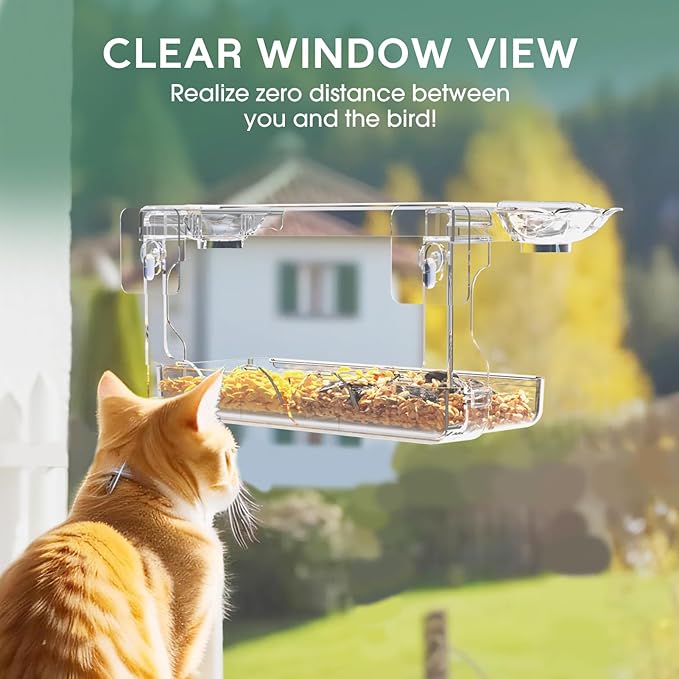 Window Bird Feeder for Outdoors, Clear Wild Bird Feeders Window Mounted with Self-Adhesive Hooks, Outside Hummingbird, burd, Oriole, Finch Bird Watching for Garden, Yard, Elderly Kids Viewing