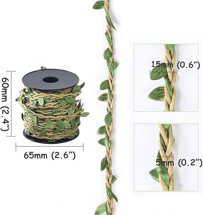 33ft Waxed Twine with Green Leaves, 3-ply Waxed Cord, Artificial Leaves Waxed String for Crafts and Decor (Natural Color Waxed Twine)