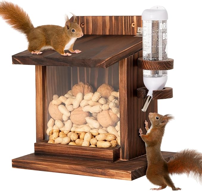 Squirrel Feeder, Squirrel Picnic Table Feeder with Water Feeder, Wooden Squirrel Feeders for Outside, Squirrel House for Corn Peanut