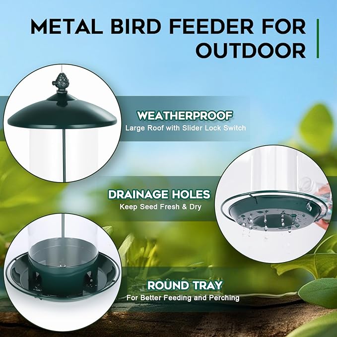 Metal Bird Feeders for Outdoors Hanging, Weather Resistant Wild Bird Feeder with 360 Degree Feeding Tray, Green, 2 Pack