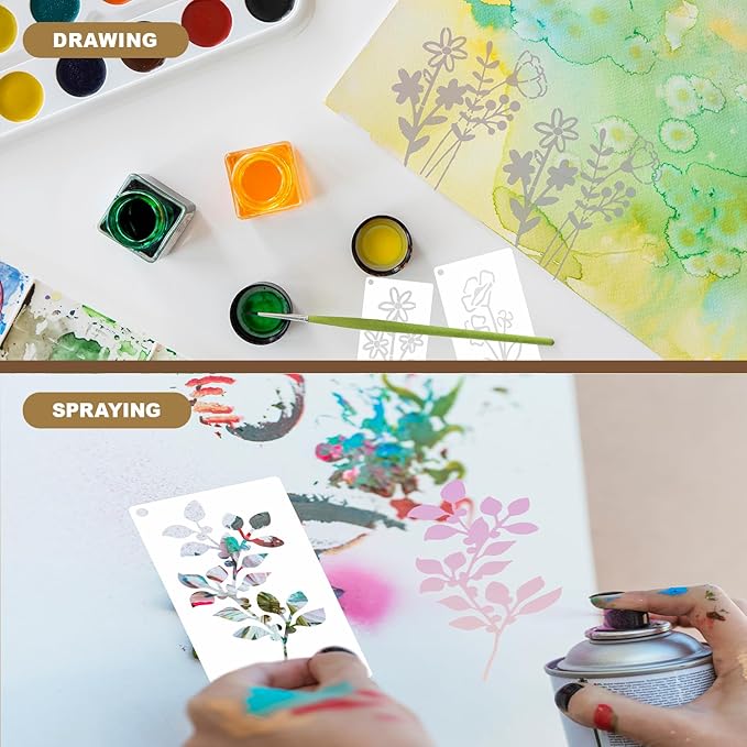 CeeVian Flower Stencils 52 Pieces Flower Stencils for Painting DIY Crafts Plant Stencil Reusable Wild Floral Stencil Leaf Floral for Painting on Wood Furniture Card Canvas Paper Scrapbook