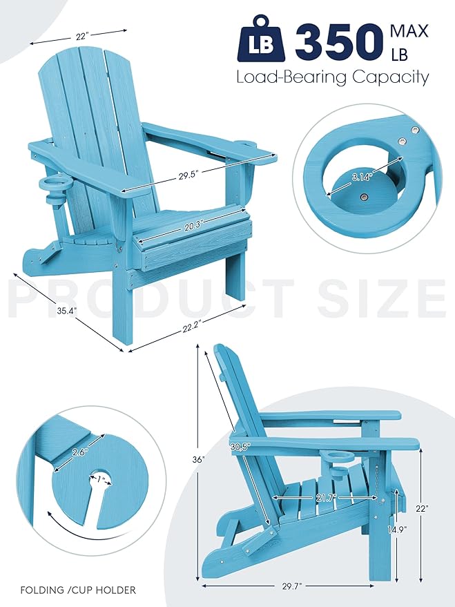 KINGYES Folding Adirondack Chair with Dual Cup Holders - HDPE All-Weather Outdoor Chairs, Wood-Like Patio Chair for Backyard, Camping, Pool & Fire Pit, Light Blue