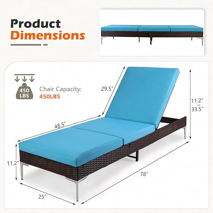HOMREST Outdoor Lounge Chairs Set of 6, Patio Wicker Chaise Lounge with Removable Cushion, Rattan Pool Sunbathing Recliners with Adjustable Backrest (Turquoise)