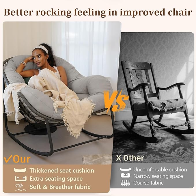 Oversized Rocking Chair Outdoor, Rocking Papasan Chair, Patio Egg Chair with Padded Cushion, Outdoor Wicker Rocking Chair for Front Porch, Garden, Patio (Light Grey, 1 Piece)