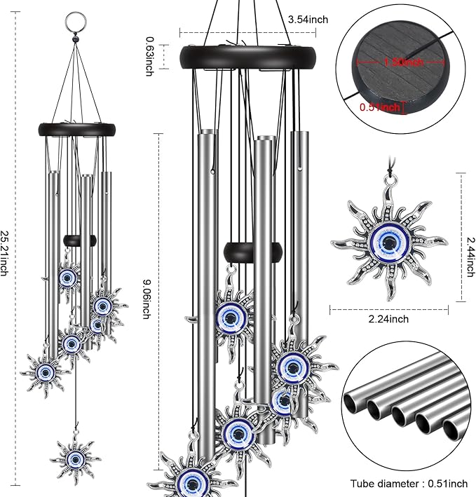 Wind Chimes for Outside Clearance, Wind Chime with Natural Sounds, Outdoor/Indoor Decorations for Patio, Porch, Backyard and Garden Decor (Sun Evil Eyes)