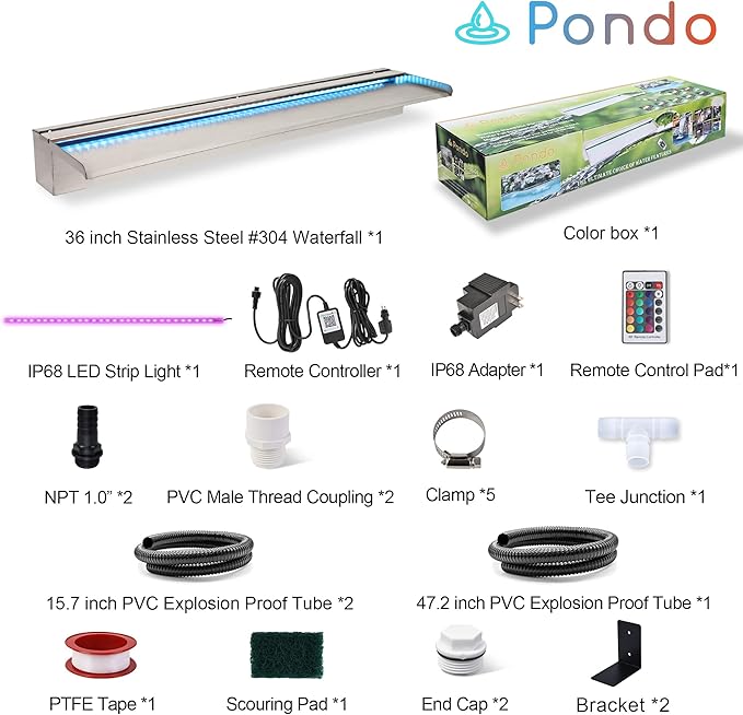 PONDO Pool Waterfall 36" APP with 16 Colors LED Lights, Stainless Steel Pond Fountain Set for Outdoor Decorations, Patio Waterfall Spillway Kit on The Wall for Garden, Easy Installation
