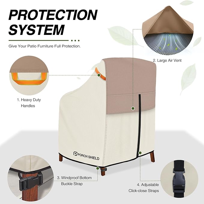 Porch Shield Patio Stackable Chair Covers - Waterproof Outdoor Stack of Chair Cover - 27W x 33D x 46H inch, Light Tan & Khaki