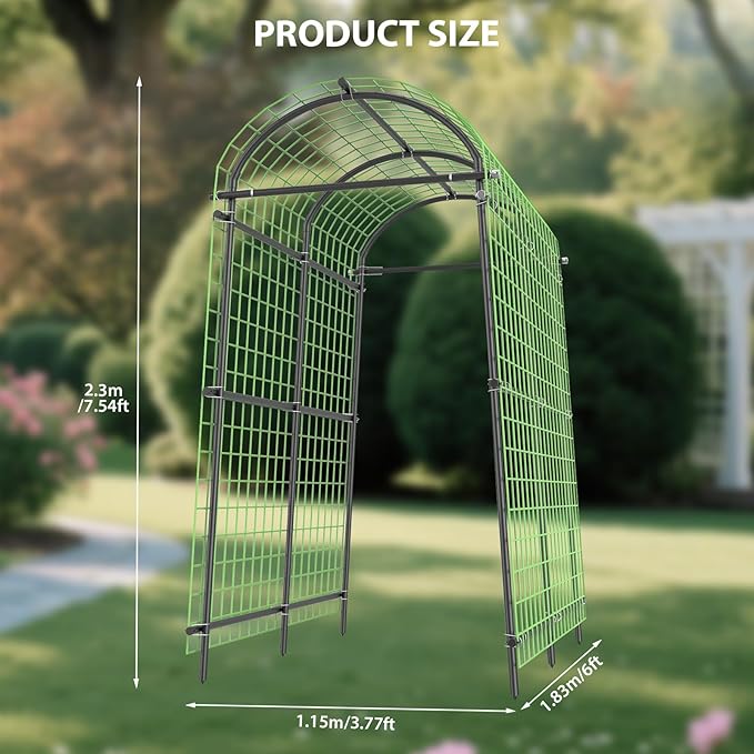 7.5FT Metal Garden Arch Trellis with Netting, Adjustable 35"–45" Arbor for Climbing Plants, Roses, Grapes & Vegetables, Weatherproof Steel Pergola with Ground Clips, Easy Fold-Out Assembly