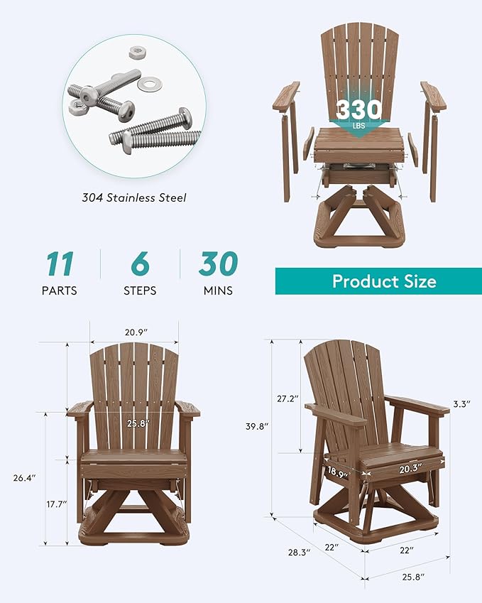 SERWALL Adirondack Swivel Glider, HDPE Glider for Outdoor, All-Weather Glider Rocking Chair for Porch, Balcony, Brown