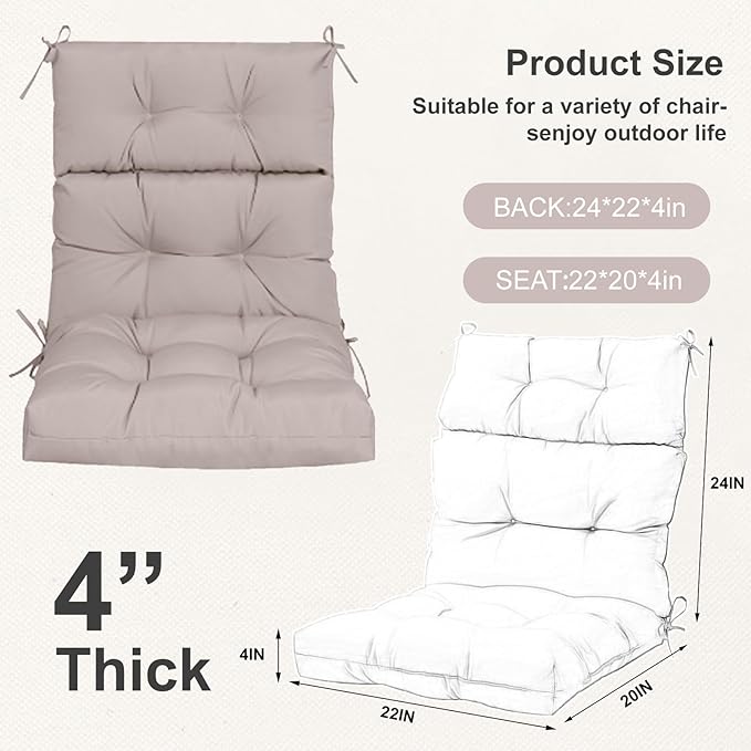 Outdoor High Back Chair Cushions 2-Pack, 44"x22"x 4" Fade-Resistant Waterproof Tufted Pads with Ties for Patio Rocking & Adirondack Chairs (Khaki)