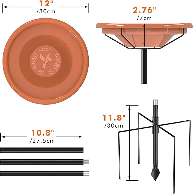 iBorn 36″ Standing Bird Feeder for Outdoors with 3 Adjustable Height Pole,12″ BPA-Free Plastic Platform Bird Feeder Seed Tray,5-Prongs Base,Birdfeeders Tray with Pole,Pack of 1（Not Include Fountain）