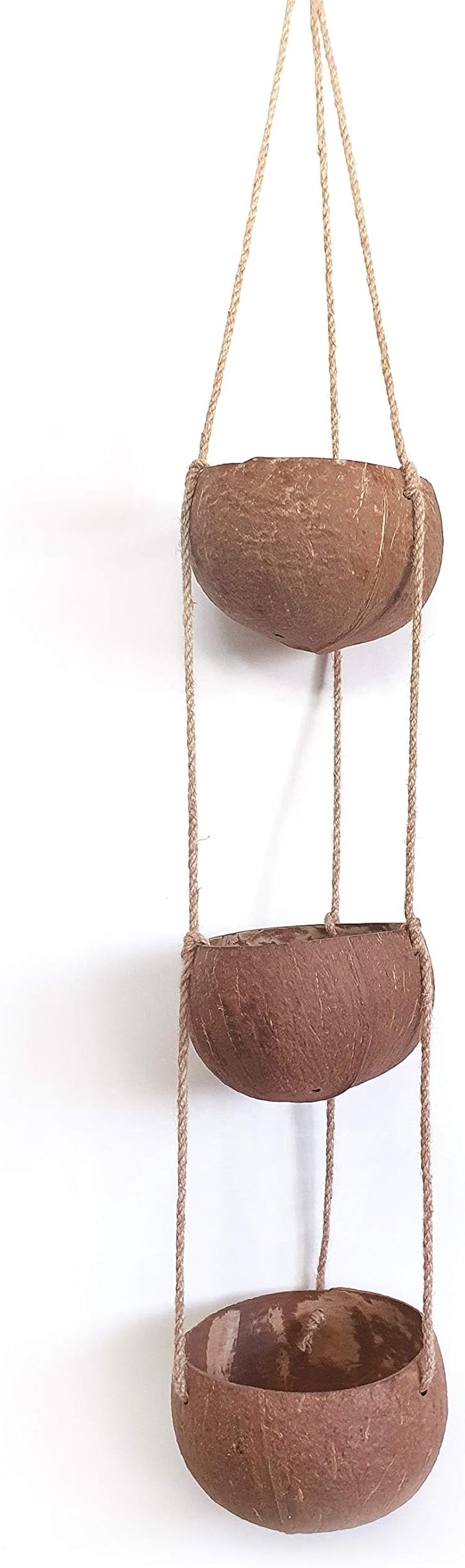 Rainforest Bowls 3-Tier Hanging Coconut Planter w/ Drainage Hole- Perfect for Succulents, Flowers, Small Plants, Indoor & Outdoor Gardens- Hand Carved by Artisans, Eco-Friendly & Sustainable
