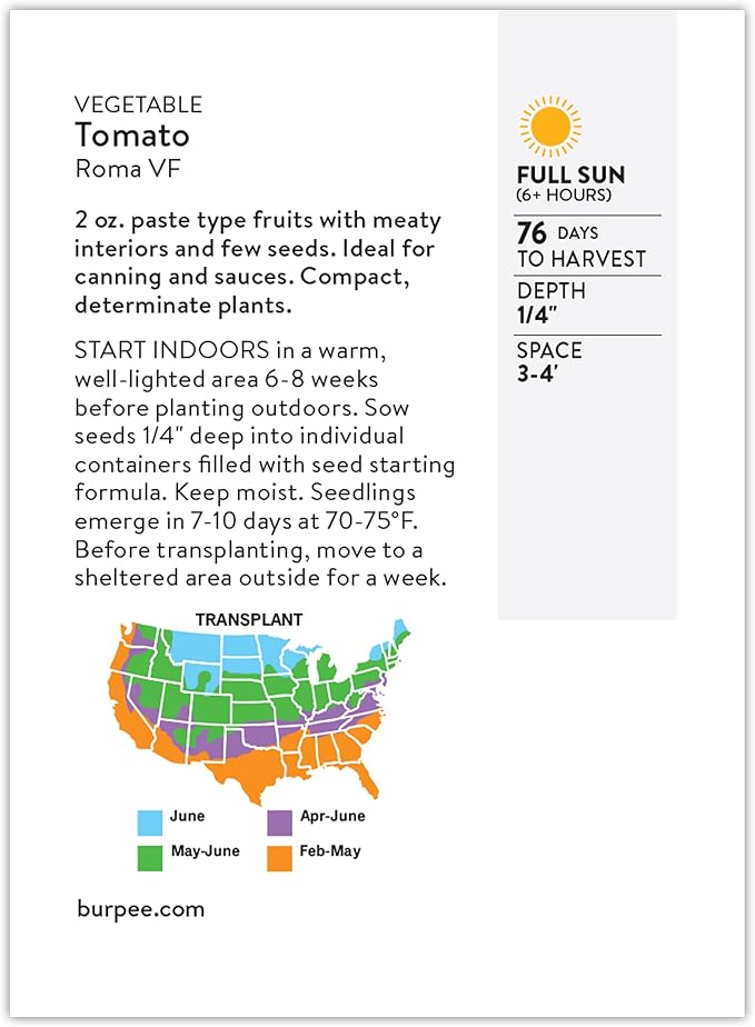 Burpee 'Roma VF' Heirloom Tomato Seeds - Non-GMO, Determinate, Paste Tomato, 500mg Seed Packet for Home Gardening
