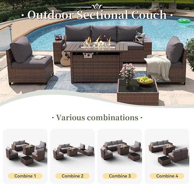 Aoxun 7 Piece Patio Furniture Set with Wide Armrests & 44” Fire Pit Table Wicker Rattan Outdoor Sectional Sofa Set with Coffee Table and Thickened Cushions, Brown/Gray(Waterproof Cover Included)