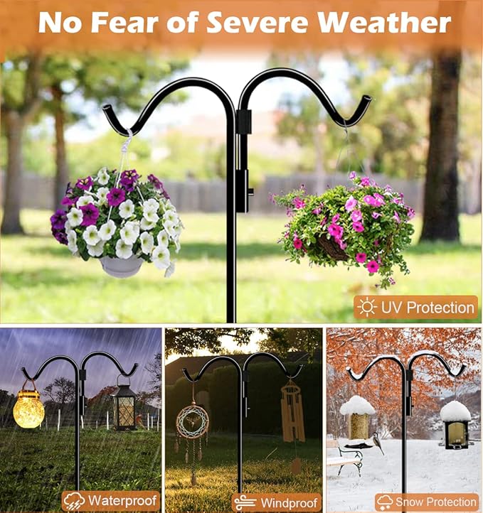76 Inch Double Shepherds Hook for Outdoor with 5 Prong Base, Adjustable Heavy Duty Bird Feeder Pole for Hanging Flower Basket, Plant Hanger, Solar Light Lanterns, Black