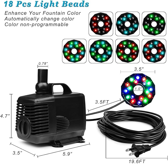DOMICA 45W 792 GPH LED Pond Pump with Fountain Kit (3000L/H), Submersible Garden Water Fountain Pump, for Waterfall, Hydroponics, Aquariums, Fish Tanks, Indoor Outdoor
