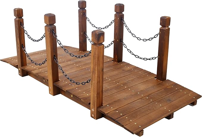 5 FT Wooden Garden Bridge, Stained Finish Decorative Pond Bridge, Stained Wood Arc Footbridge with Chain Railings for Backyard Creek Farm, Decorative Pond Bridge, Easy to Assemble, Brown