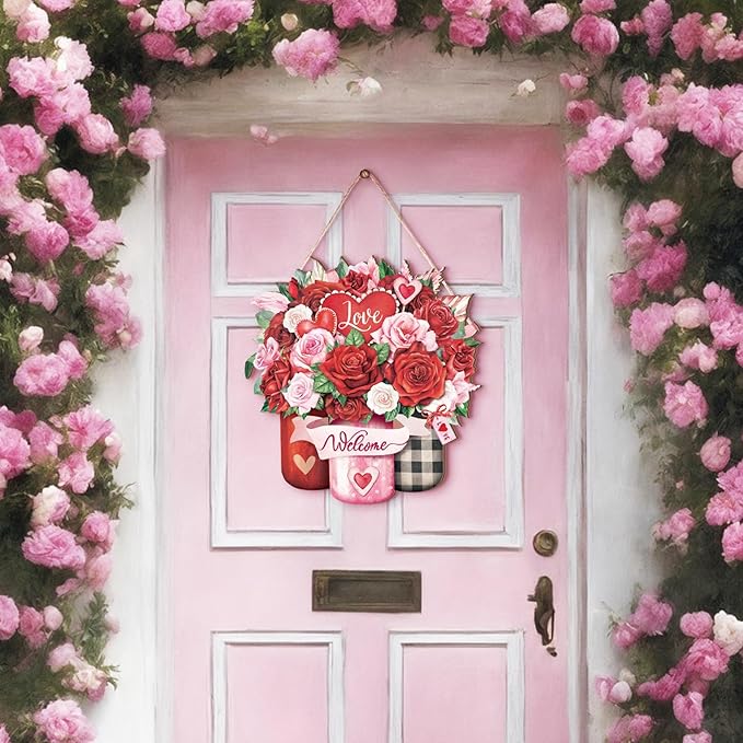 Boao Welcome Valentine's Day Wooden Hanging Sign Farmhouse Door Decor Valentine's Day Wood Love Rose Door Sign Rustic Wall Plaque Ornaments for Window Wall Porch Decorations